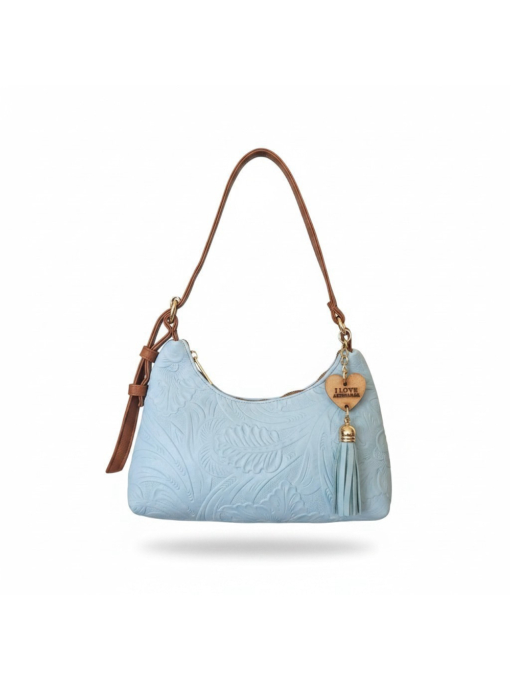 Light Baby Blue Small Floral Embossed Tooled Artisan LEATHER Shoulder Bag Purse